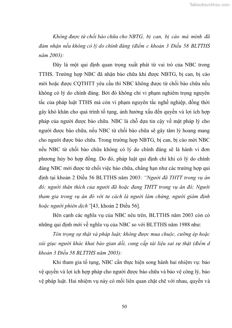 Luận văn thạc sĩ luật học Chế định người bào chữa trong Luật tố tụng hình sự Việt Nam - Lý luận và thực tiễn áp dụng trên địa bàn tỉnh Hải Dương - 8 Trang 57