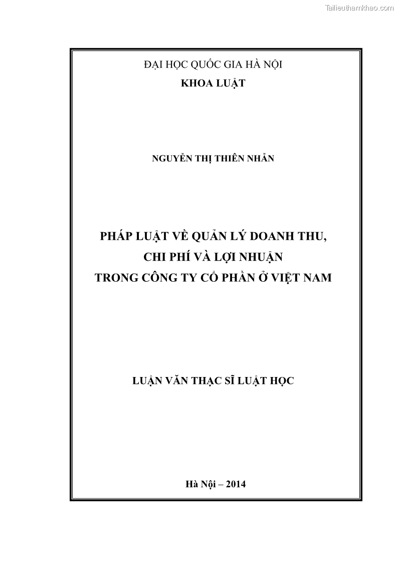 Luận văn thạc sĩ luật học Pháp luật về quản lý doanh thu, chi phí và lợi nhuận trong công ty cổ phần ở Việt Nam - 1 Trang 1
