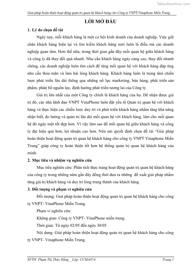 Đồ án tốt nghiệp Giải pháp hoàn thiện hoạt động quản trị quan hệ khách hàng cho Công ty VNPT Vinaphone Miền Trung - 2 Trang 9