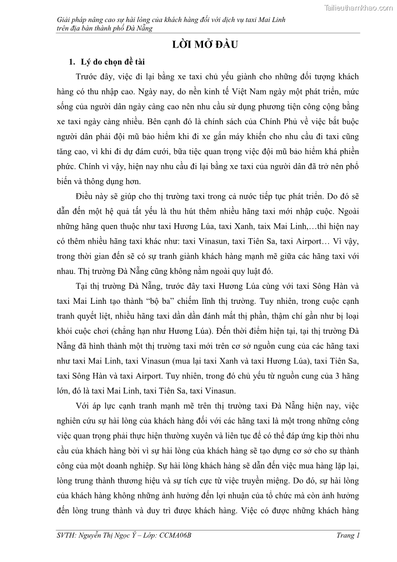 Đồ án tốt nghiệp quản trị kinh doanh Giải pháp nâng cao sự hài lòng của khách hàng đối với dịch vụ taxi Mai Linh trên địa bàn thành phố Đà Nẵng - 2 Trang 9