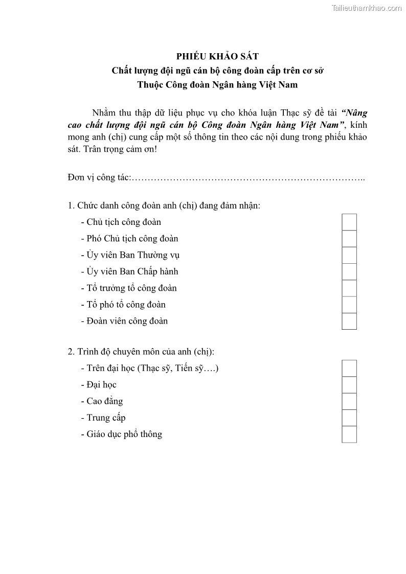 Luận văn thạc sĩ quản trị nhân lực Nâng cao chất lượng đội ngũ cán bộ Công đoàn Ngân hàng Việt Nam - 15 Trang 113