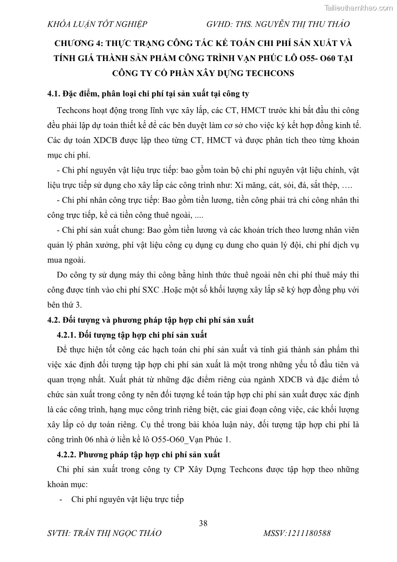 Khóa luận tốt nghiệp Kế toán tập hợp chi phí và tính giá thành sản phẩm tại Công ty cổ phần xây dựng Techcons - 7 Trang 49