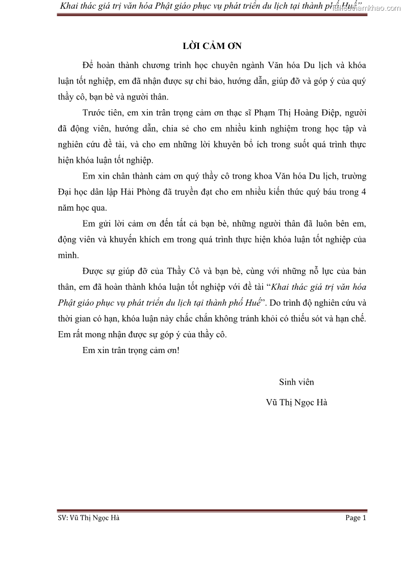 Khóa luận tốt nghiệp văn hóa du lịch Khai thác giá trị văn hóa Phật giáo phục vụ phát triển du lịch tại thành phố Huế - 1 Trang 1