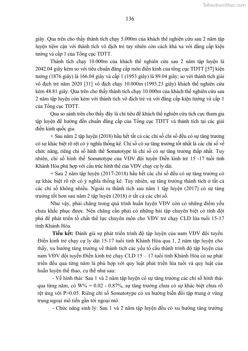 Luận án tiến sĩ giáo dục học Nghiên cứu xây dựng tiêu chuẩn đánh giá trình độ tập luyện cho nam VĐV đội tuyển Điền kinh trẻ chạy cự ly dài 15 – 17 tuổi tỉnh Khánh Hòa sau 2 năm tập luyện - 23 Trang 177