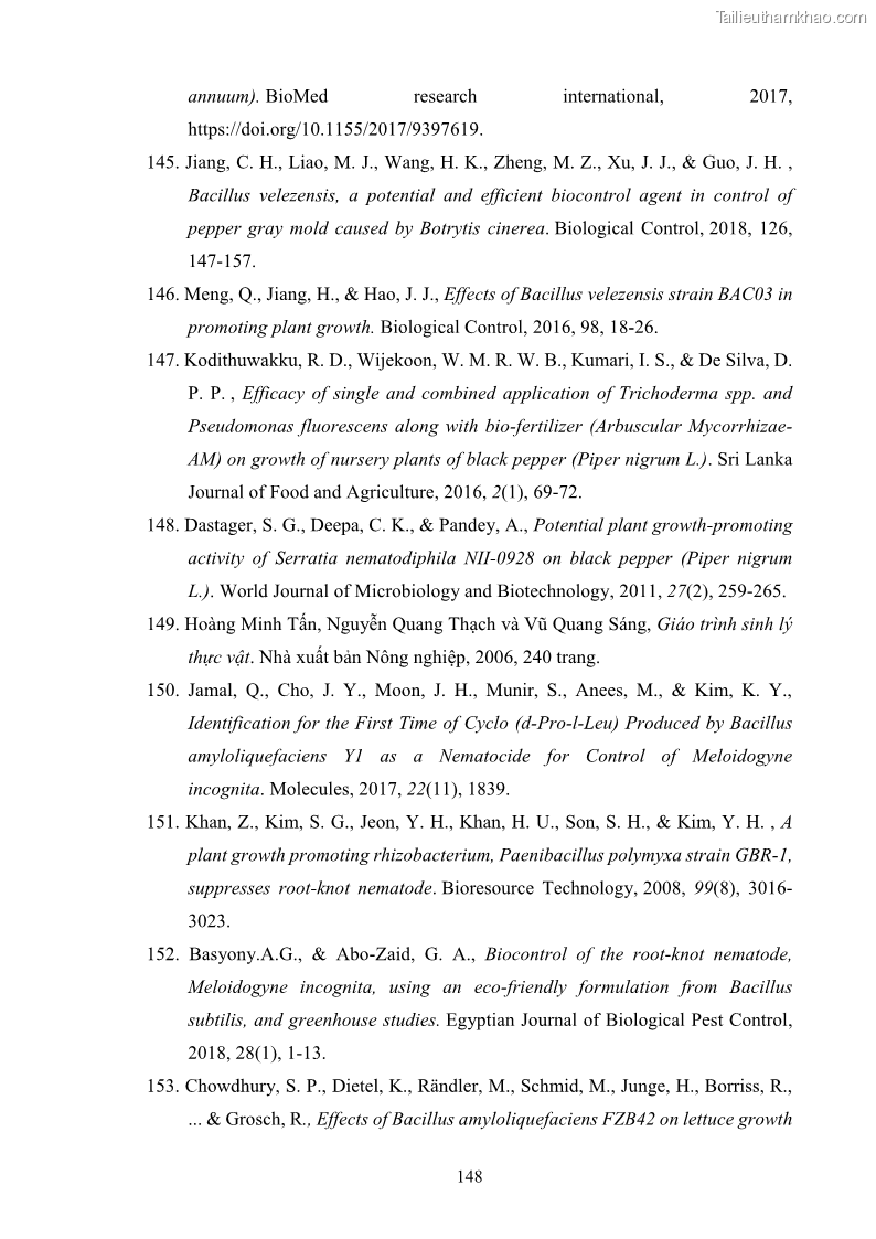 Luận án tiến sĩ công nghệ sinh học Tuyển chọn, nghiên cứu đặc tính kháng tác nhân gây bệnh và tạo chế phẩm phòng trừ bệnh rễ của các chủng vi khuẩn vùng rễ cây hồ tiêu Piper nigrum L. tại Tây Nguyên - 21 Trang 161