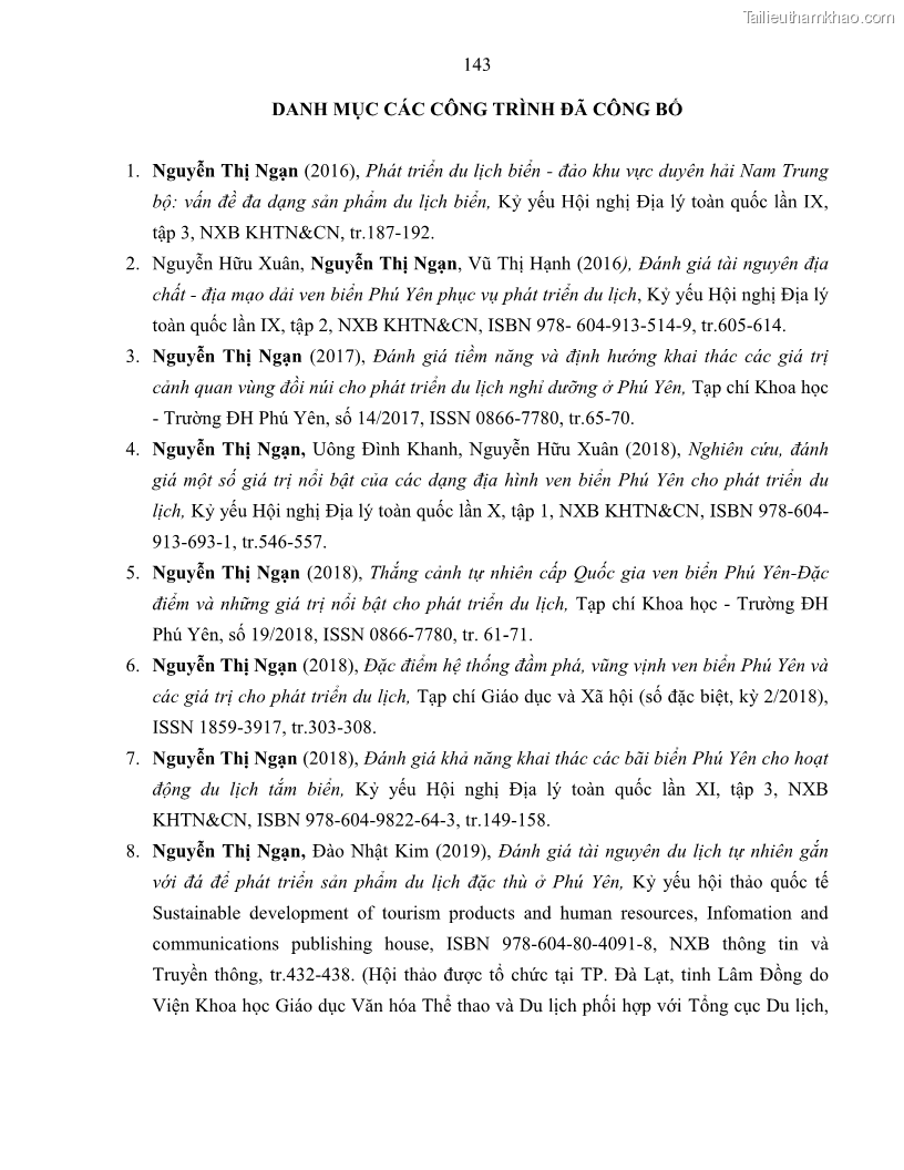 Luận án tiến sĩ khoa học trái đất Đánh giá điều kiện tự nhiên, tài nguyên thiên nhiên tỉnh Phú Yên phục vụ phát triển du lịch - 20 Trang 153