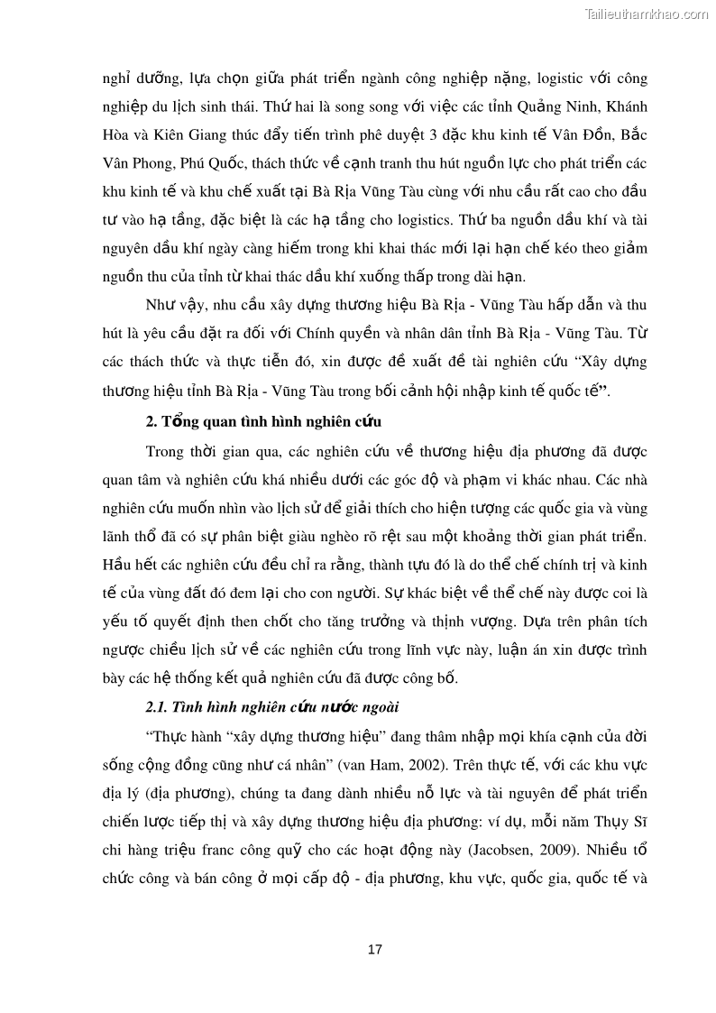 Luận án tiến sĩ kinh tế Xây dựng thương hiệu tỉnh Bà Rịa - Vũng Tàu trong bối cảnh hội nhập kinh tế quốc tế - 3 Trang 17