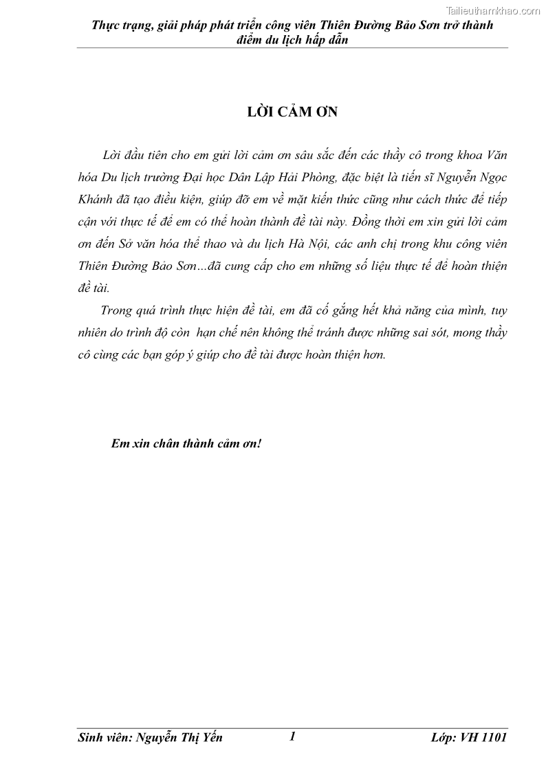 Khóa luận tốt nghiệp văn hóa du lịch Thực trạng, giải pháp phát triển công viên Thiên Đường Bảo Sơn trở thành điểm du lịch hấp dẫn - 1 Trang 1