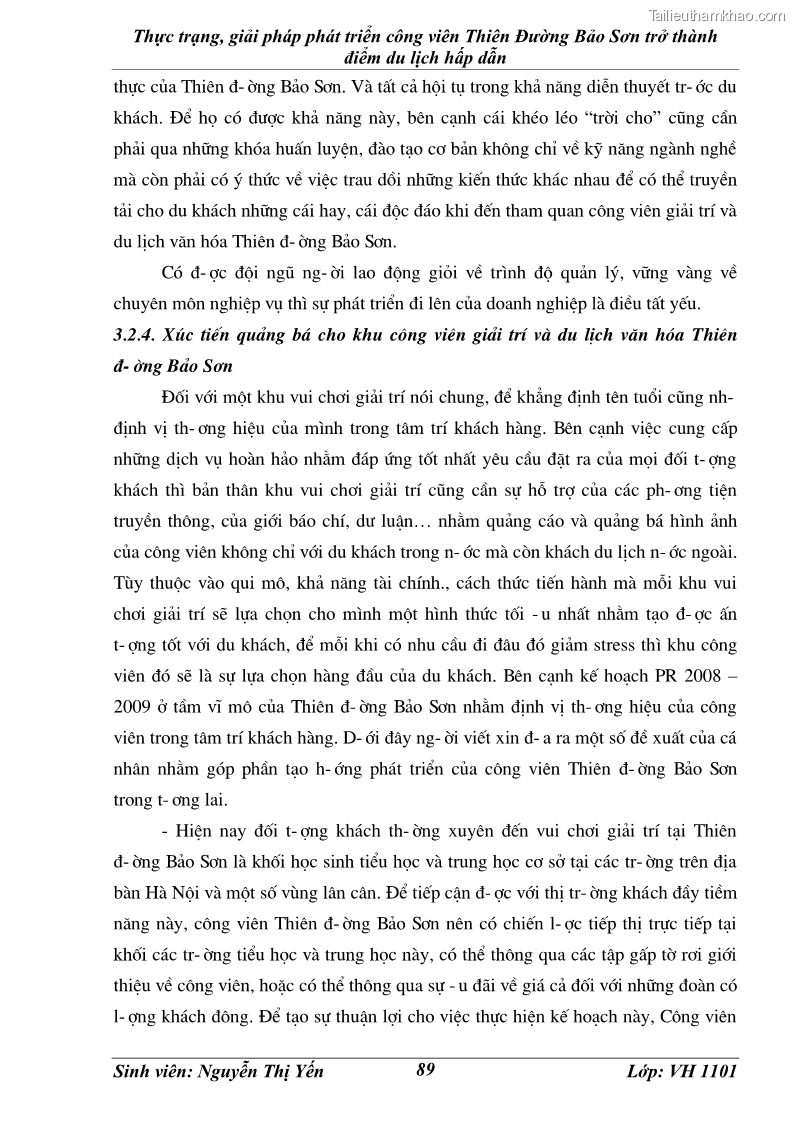 Khóa luận tốt nghiệp văn hóa du lịch Thực trạng, giải pháp phát triển công viên Thiên Đường Bảo Sơn trở thành điểm du lịch hấp dẫn - 12 Trang 89