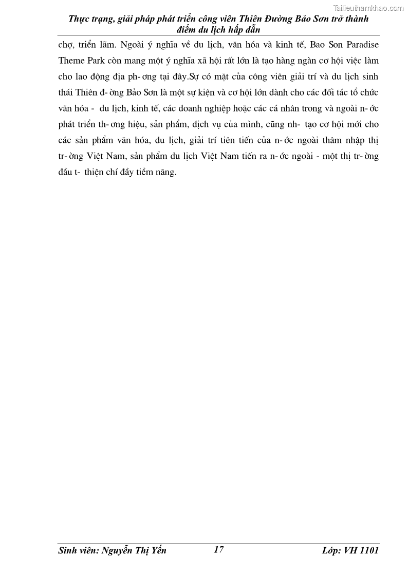 Khóa luận tốt nghiệp văn hóa du lịch Thực trạng, giải pháp phát triển công viên Thiên Đường Bảo Sơn trở thành điểm du lịch hấp dẫn - 3 Trang 17