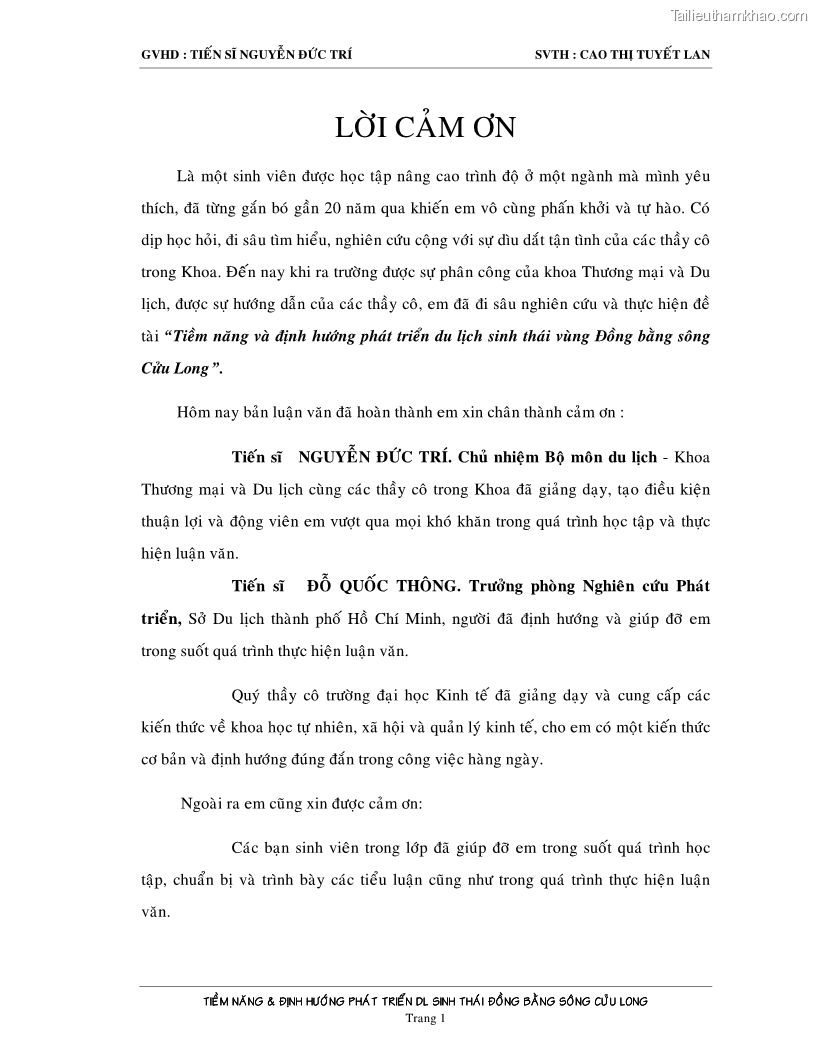 Luận văn Tiềm năng và định hướng phát triển du lịch sinh thái vùng Đồng bằng sông Cửu Long - 1 Trang 1