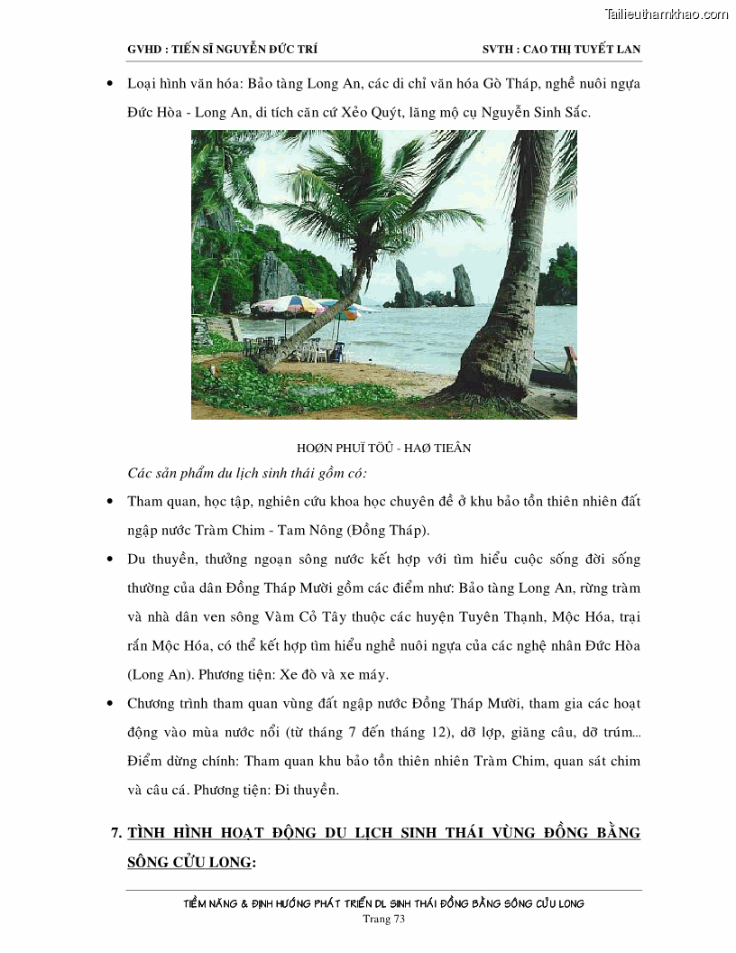 Luận văn Tiềm năng và định hướng phát triển du lịch sinh thái vùng Đồng bằng sông Cửu Long - 10 Trang 73