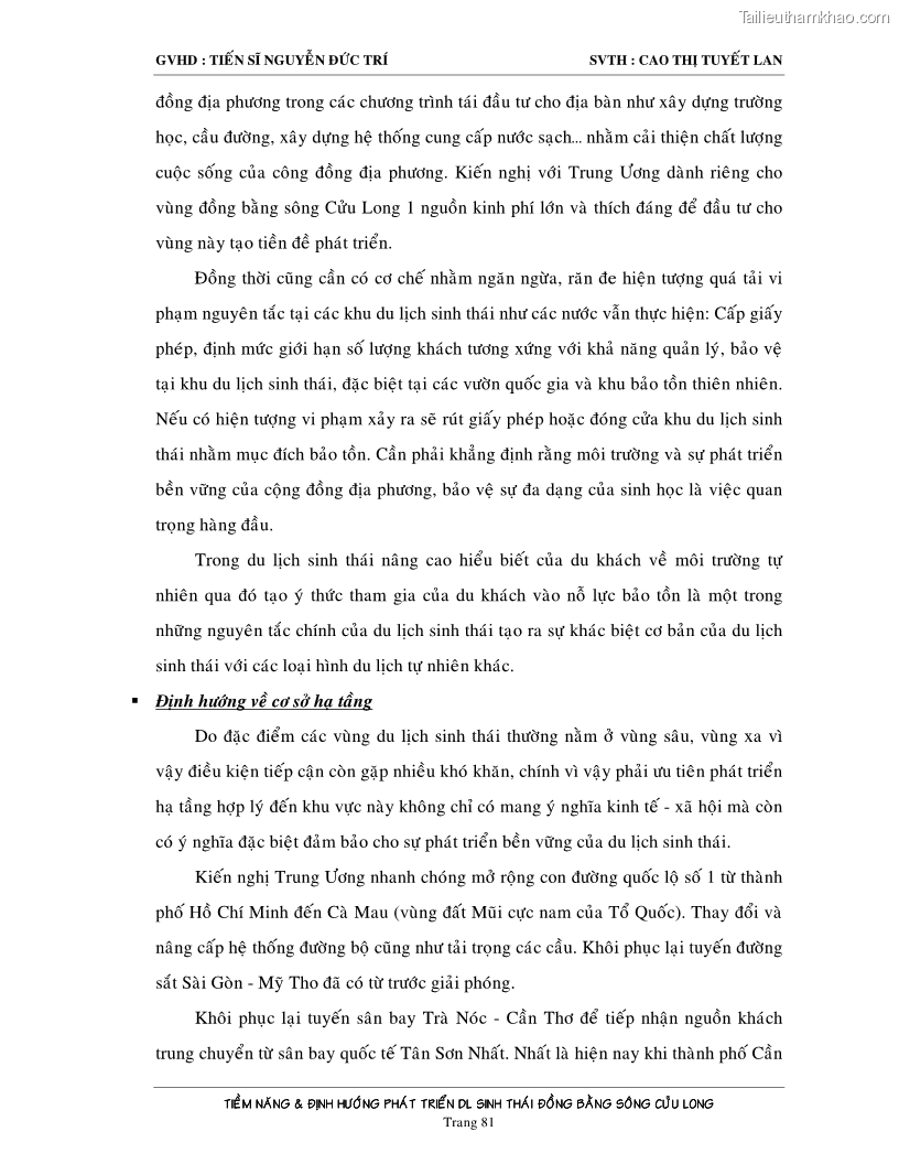 Luận văn Tiềm năng và định hướng phát triển du lịch sinh thái vùng Đồng bằng sông Cửu Long - 11 Trang 81