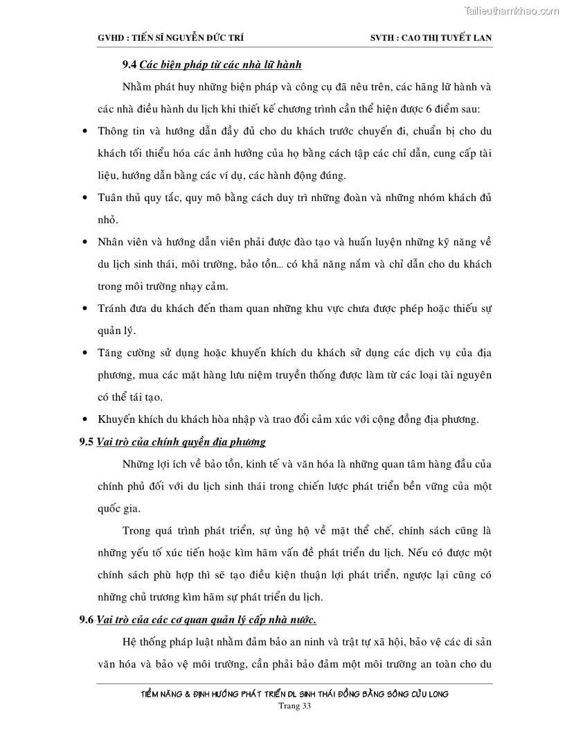 Luận văn Tiềm năng và định hướng phát triển du lịch sinh thái vùng Đồng bằng sông Cửu Long - 5 Trang 33