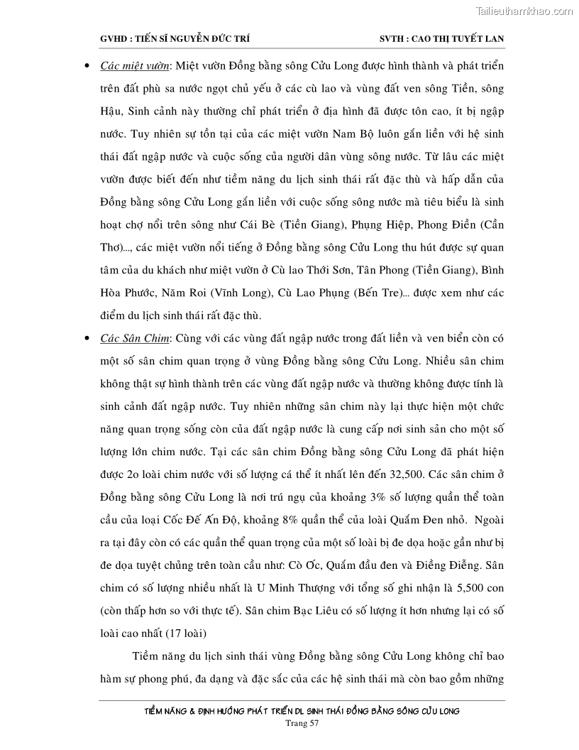 Luận văn Tiềm năng và định hướng phát triển du lịch sinh thái vùng Đồng bằng sông Cửu Long - 8 Trang 57