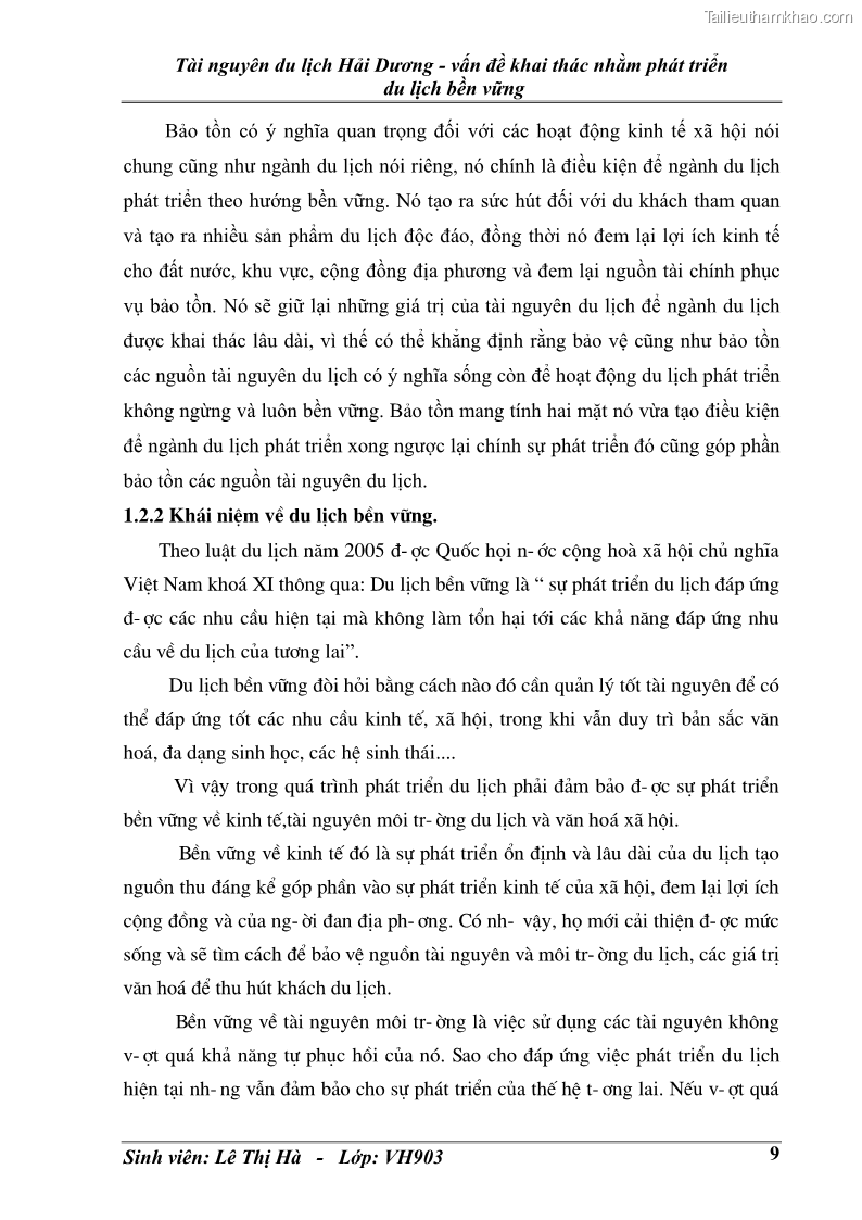 Khóa luận tốt nghiệp văn hóa du lịch Tài nguyên du lịch Hải Dương - vấn đề khai thác nhằm phát triển du lịch bền vững - 2 Trang 9