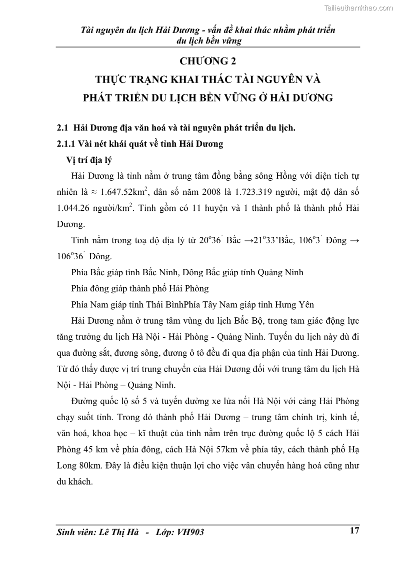 Khóa luận tốt nghiệp văn hóa du lịch Tài nguyên du lịch Hải Dương - vấn đề khai thác nhằm phát triển du lịch bền vững - 3 Trang 17
