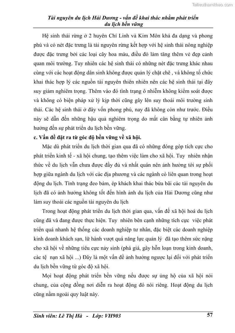 Khóa luận tốt nghiệp văn hóa du lịch Tài nguyên du lịch Hải Dương - vấn đề khai thác nhằm phát triển du lịch bền vững - 8 Trang 57