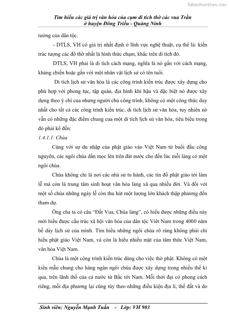 Khóa luận tốt nghiệp văn hóa du lịch Tìm hiểu các giá trị văn hóa của cụm di tích thờ các vua Trần ở huyện Đông Triều - Quảng Ninh - 3 Trang 13