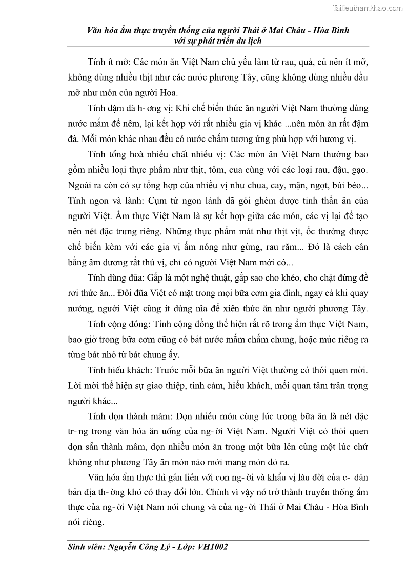 Khóa luận tốt nghiệp văn hóa du lịch Văn hóa ẩm thực truyền thống của người Thái ở Mai Châu - Hòa Bình với sự phát triển du lịch - 2 Trang 9