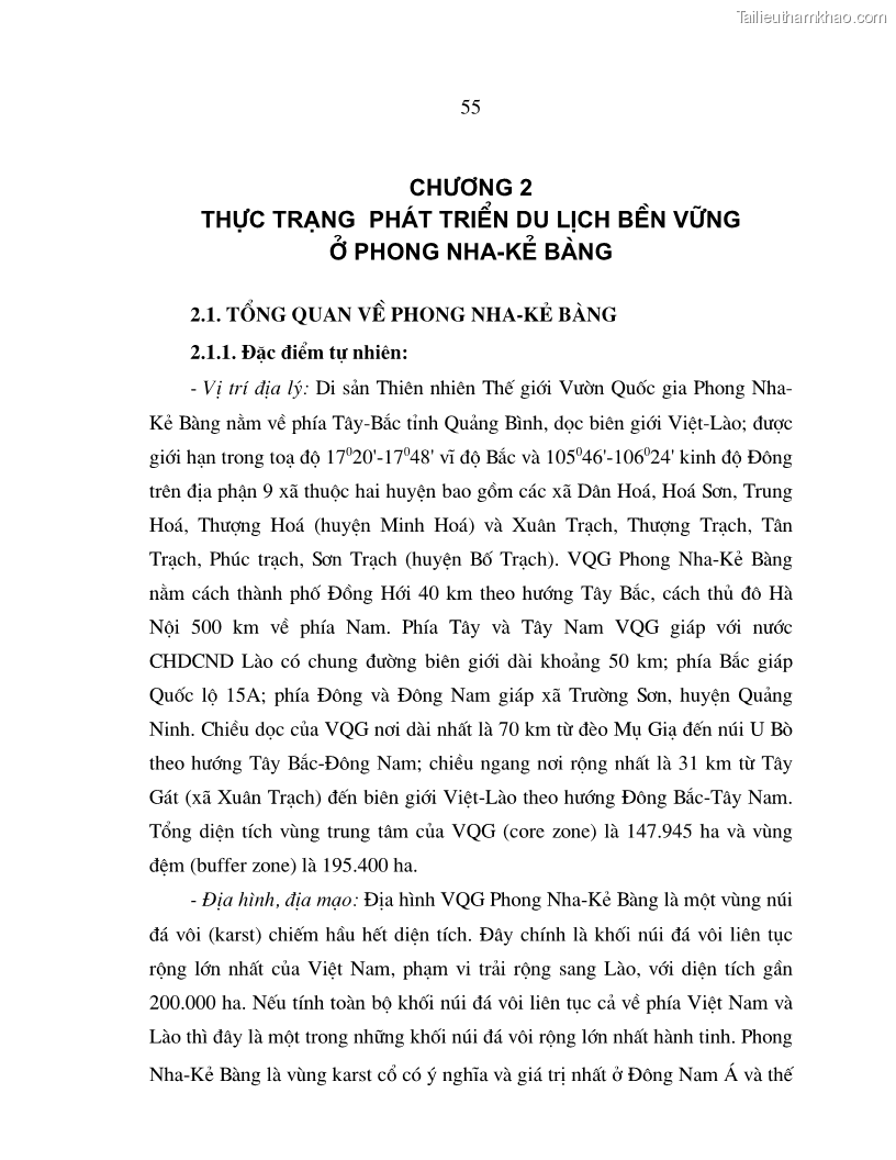 Luận án tiến sĩ kinh tế Phát triển du lịch bền vững ở Phong Nha - Kẻ Bàng - 10 Trang 55