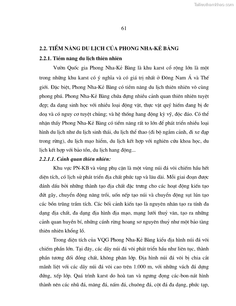 Luận án tiến sĩ kinh tế Phát triển du lịch bền vững ở Phong Nha - Kẻ Bàng - 11 Trang 61