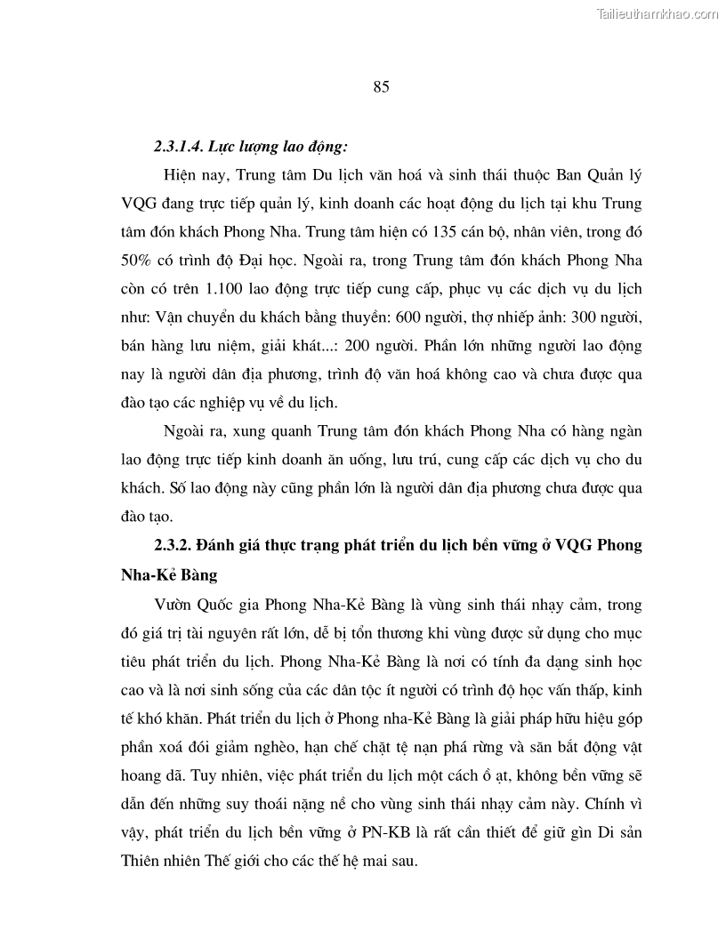 Luận án tiến sĩ kinh tế Phát triển du lịch bền vững ở Phong Nha - Kẻ Bàng - 15 Trang 85