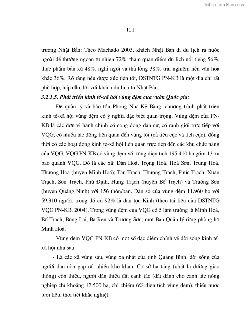 Luận án tiến sĩ kinh tế Phát triển du lịch bền vững ở Phong Nha - Kẻ Bàng - 21 Trang 121