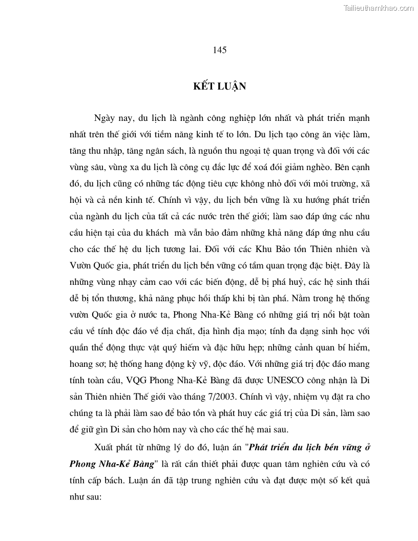 Luận án tiến sĩ kinh tế Phát triển du lịch bền vững ở Phong Nha - Kẻ Bàng - 25 Trang 145