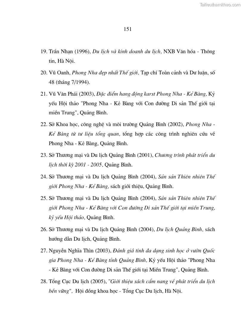 Luận án tiến sĩ kinh tế Phát triển du lịch bền vững ở Phong Nha - Kẻ Bàng - 26 Trang 151