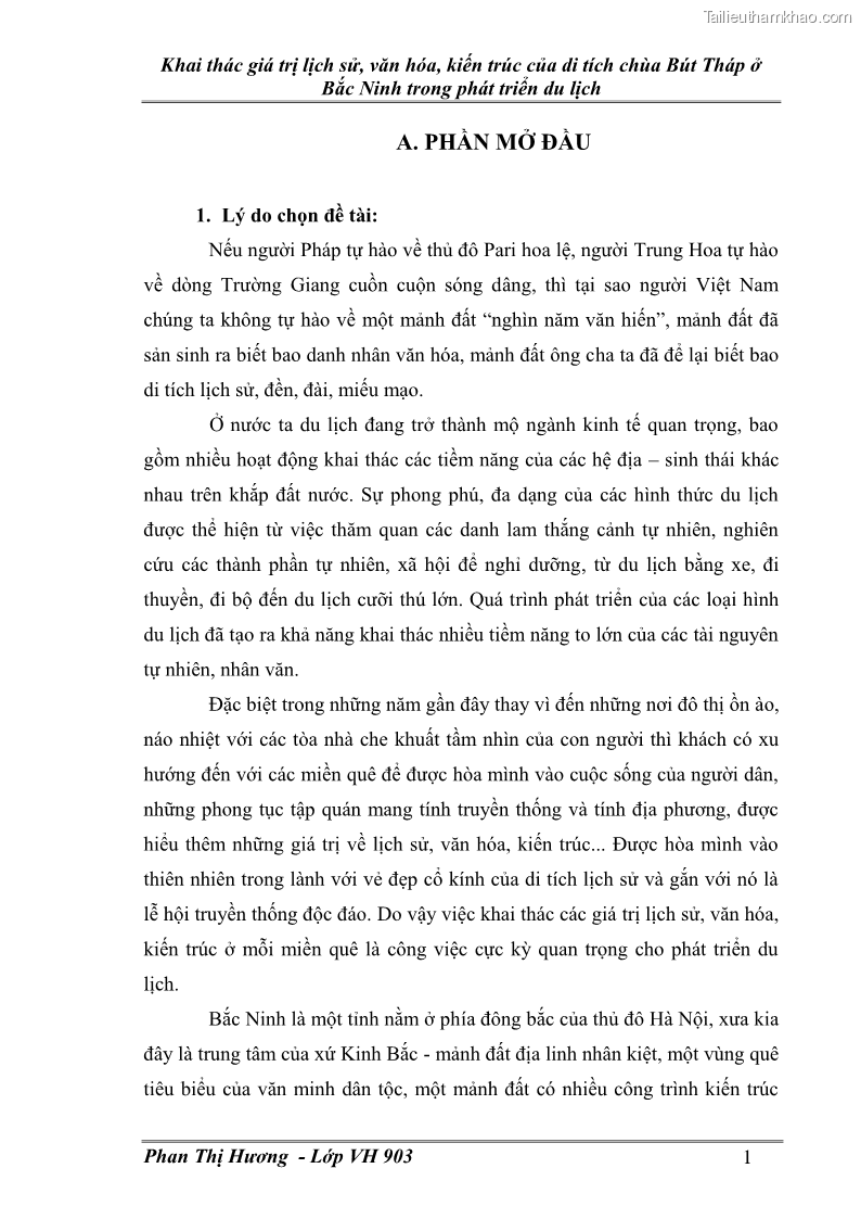 Khóa luận tốt nghiệp văn hóa du lịch Khai thác giá trị lịch sử, văn hóa, kiến trúc của di tích chùa Bút Tháp ở Bắc Ninh trong phát triển du lịch - 1 Trang 1