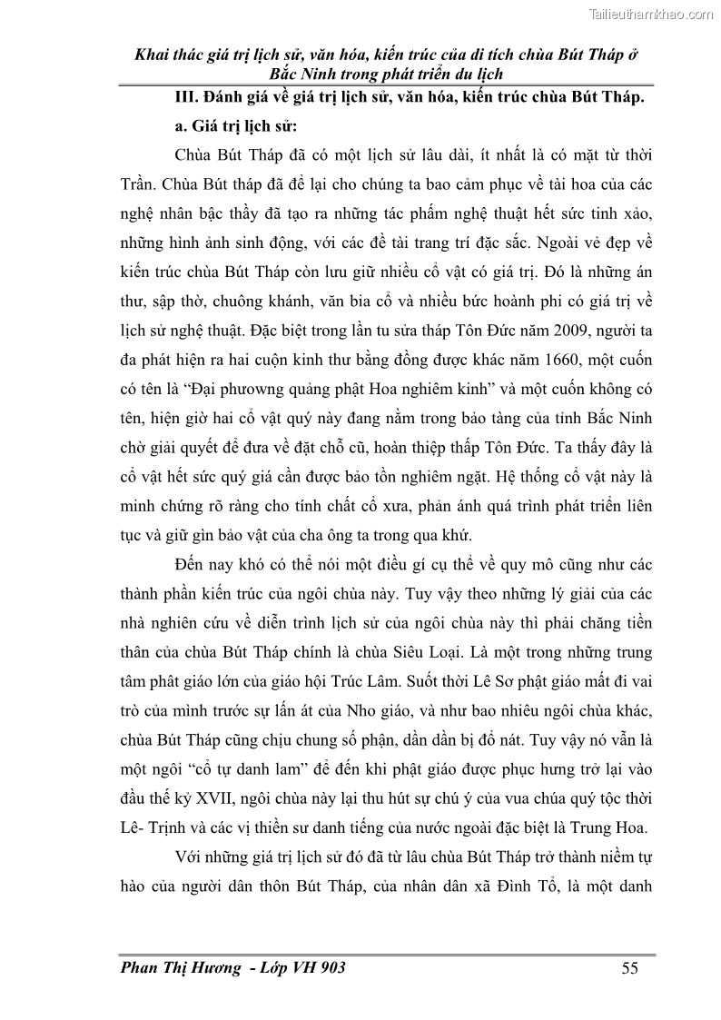 Khóa luận tốt nghiệp văn hóa du lịch Khai thác giá trị lịch sử, văn hóa, kiến trúc của di tích chùa Bút Tháp ở Bắc Ninh trong phát triển du lịch - 10 Trang 55