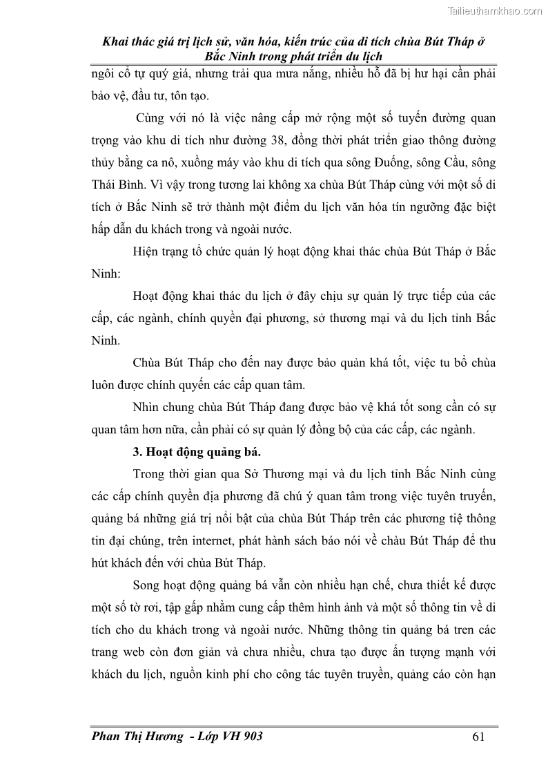 Khóa luận tốt nghiệp văn hóa du lịch Khai thác giá trị lịch sử, văn hóa, kiến trúc của di tích chùa Bút Tháp ở Bắc Ninh trong phát triển du lịch - 11 Trang 61