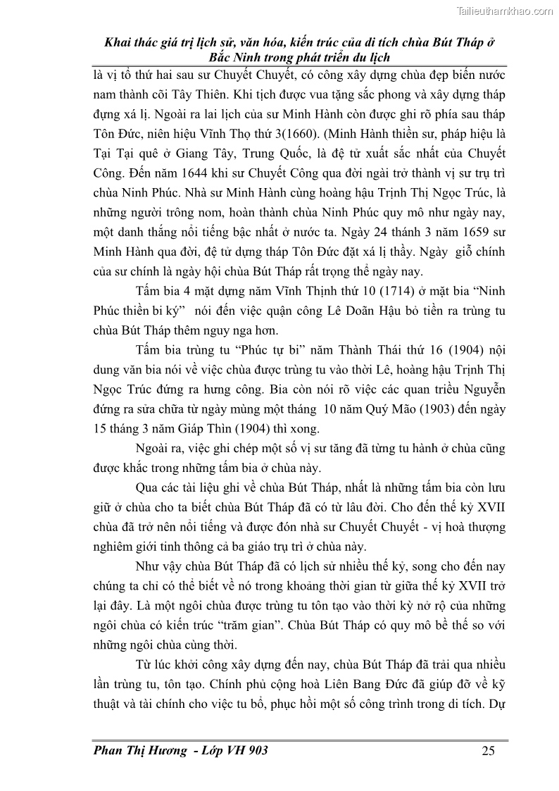 Khóa luận tốt nghiệp văn hóa du lịch Khai thác giá trị lịch sử, văn hóa, kiến trúc của di tích chùa Bút Tháp ở Bắc Ninh trong phát triển du lịch - 5 Trang 25