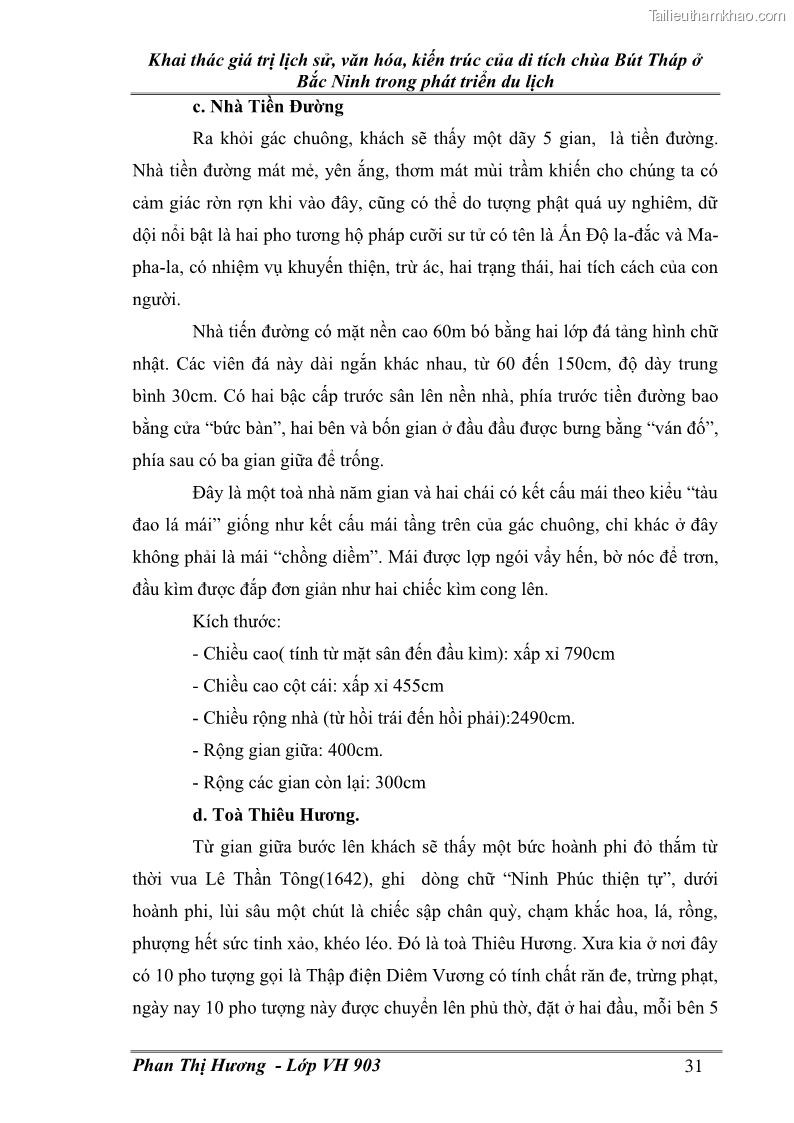 Khóa luận tốt nghiệp văn hóa du lịch Khai thác giá trị lịch sử, văn hóa, kiến trúc của di tích chùa Bút Tháp ở Bắc Ninh trong phát triển du lịch - 6 Trang 31