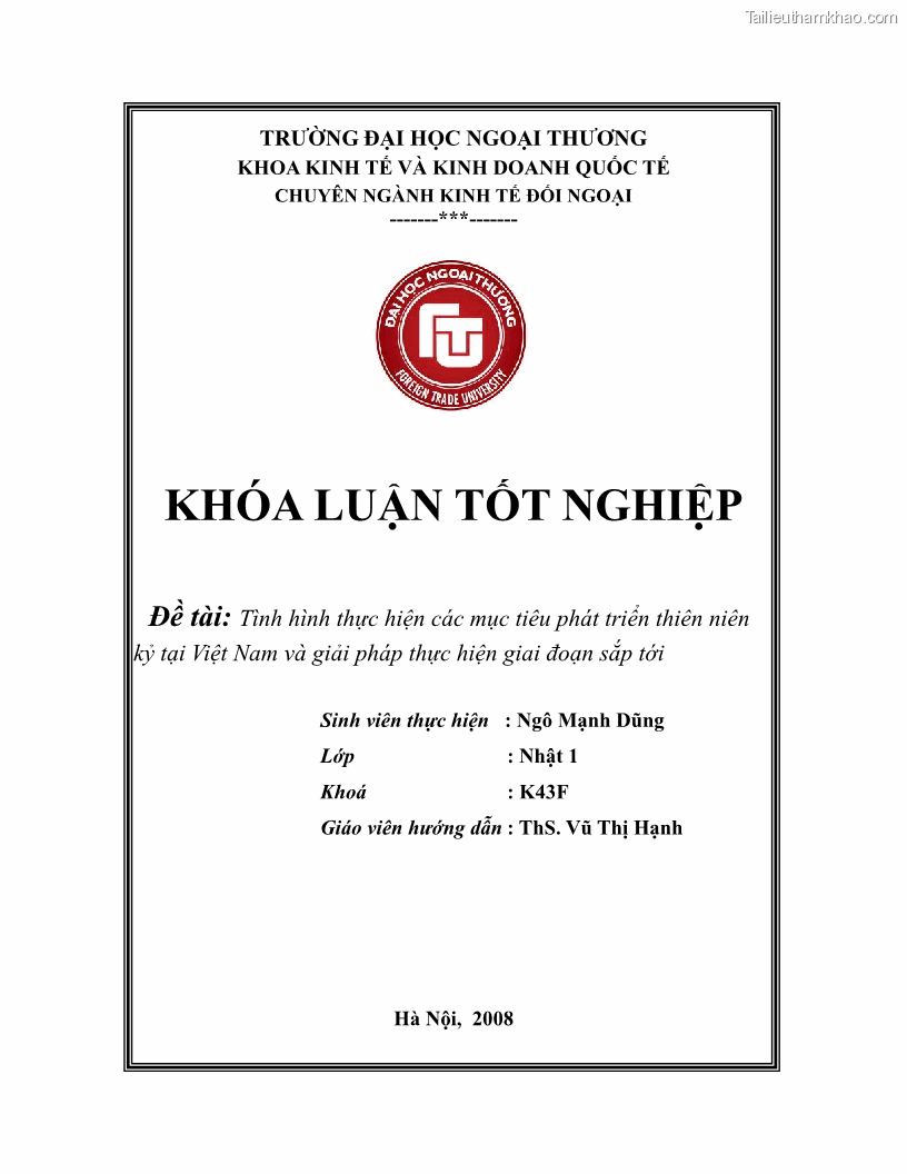 Khóa luận tốt nghiệp Tình hình thực hiện các mục tiêu phát triển thiên niên kỷ tại Việt Nam và giải pháp nhằm thực hiện giai đoạn sắp tới - 1 Trang 1