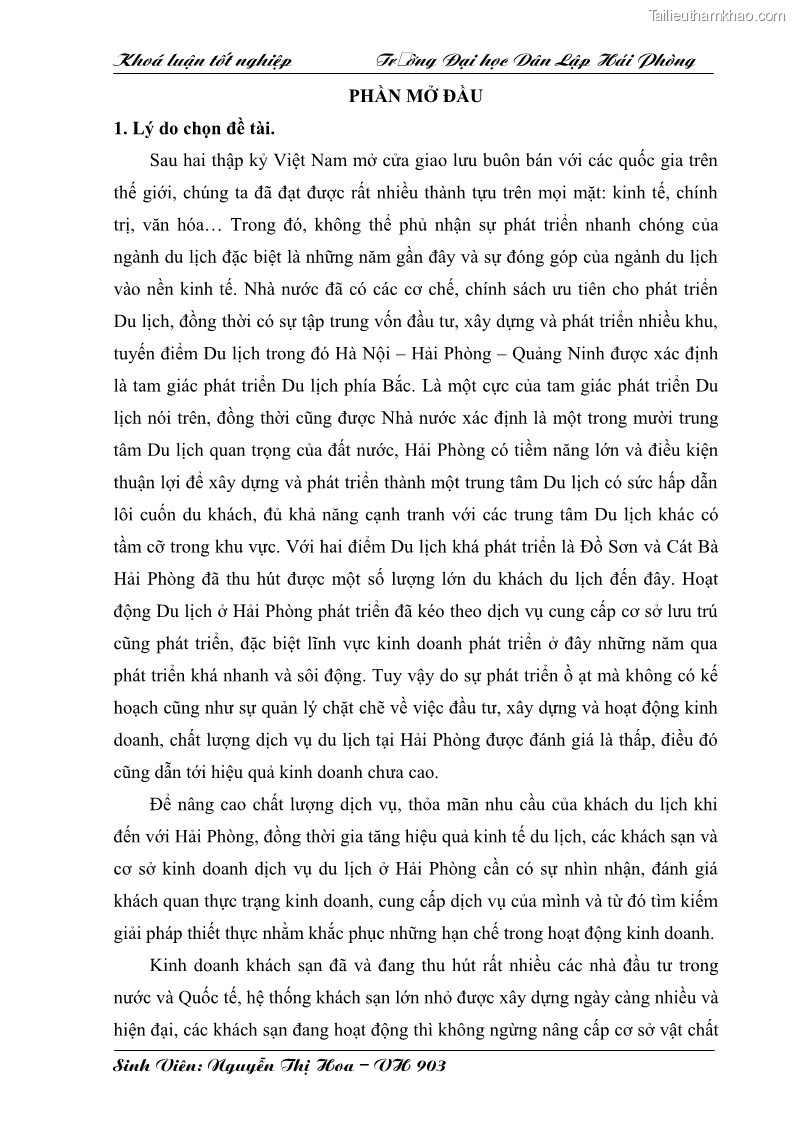 Khóa luận tốt nghiệp văn hóa du lịch Một số giải pháp nhằm nâng cao chất lượng dịch vụ phòng tại khách sạn Ngôi Sao Hải Phòng - 1 Trang 1