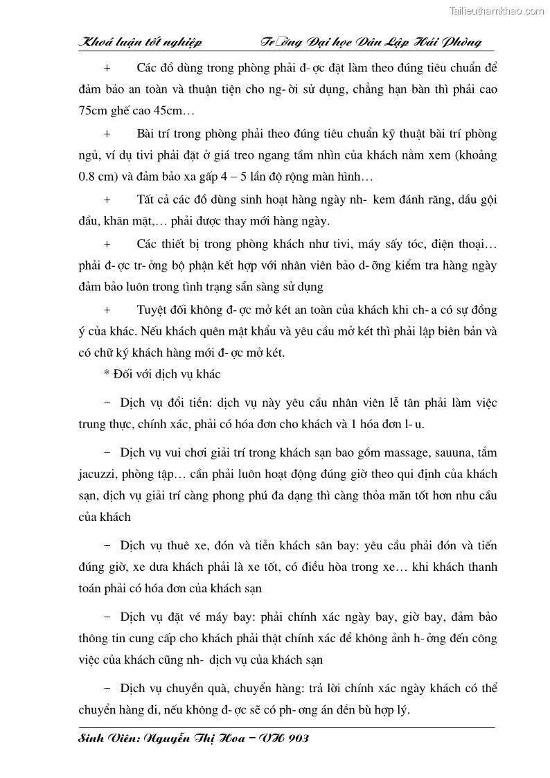 Khóa luận tốt nghiệp văn hóa du lịch Một số giải pháp nhằm nâng cao chất lượng dịch vụ phòng tại khách sạn Ngôi Sao Hải Phòng - 13 Trang 73