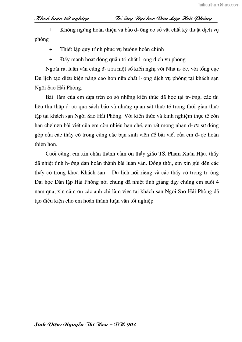 Khóa luận tốt nghiệp văn hóa du lịch Một số giải pháp nhằm nâng cao chất lượng dịch vụ phòng tại khách sạn Ngôi Sao Hải Phòng - 14 Trang 79