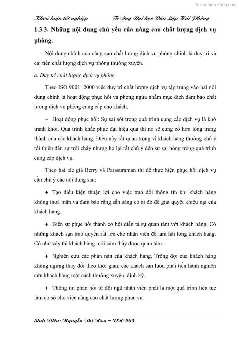 Khóa luận tốt nghiệp văn hóa du lịch Một số giải pháp nhằm nâng cao chất lượng dịch vụ phòng tại khách sạn Ngôi Sao Hải Phòng - 6 Trang 31