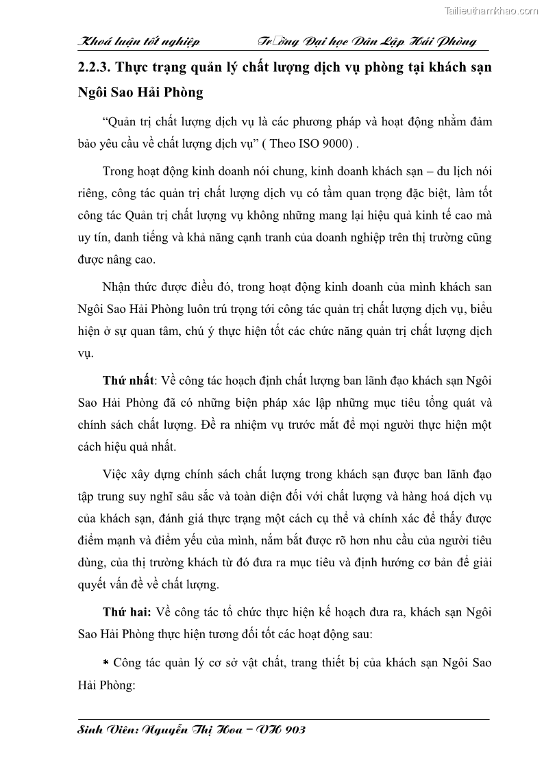 Khóa luận tốt nghiệp văn hóa du lịch Một số giải pháp nhằm nâng cao chất lượng dịch vụ phòng tại khách sạn Ngôi Sao Hải Phòng - 9 Trang 49