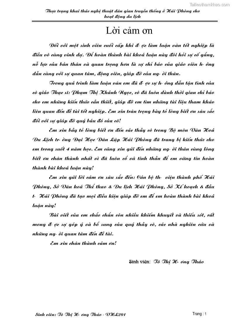 Khóa luận tốt nghiệp văn hóa du lịch Thực trạng khai thác nghệ thuật dân gian truyền thống ở Hải Phòng cho hoạt động du lịch - 1 Trang 1