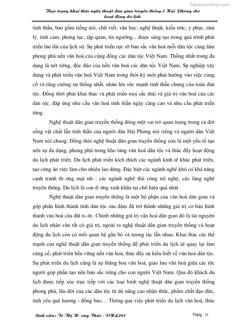 Khóa luận tốt nghiệp văn hóa du lịch Thực trạng khai thác nghệ thuật dân gian truyền thống ở Hải Phòng cho hoạt động du lịch - 3 Trang 13
