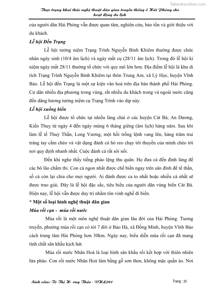 Khóa luận tốt nghiệp văn hóa du lịch Thực trạng khai thác nghệ thuật dân gian truyền thống ở Hải Phòng cho hoạt động du lịch - 5 Trang 25