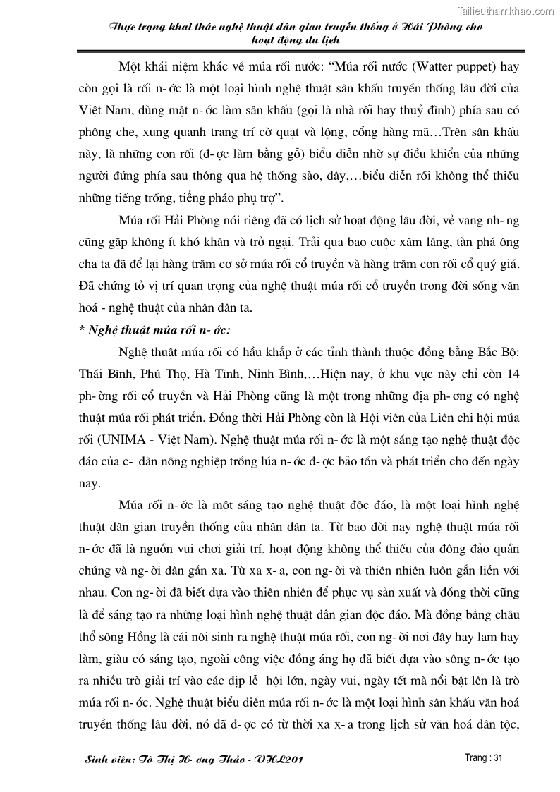 Khóa luận tốt nghiệp văn hóa du lịch Thực trạng khai thác nghệ thuật dân gian truyền thống ở Hải Phòng cho hoạt động du lịch - 6 Trang 31