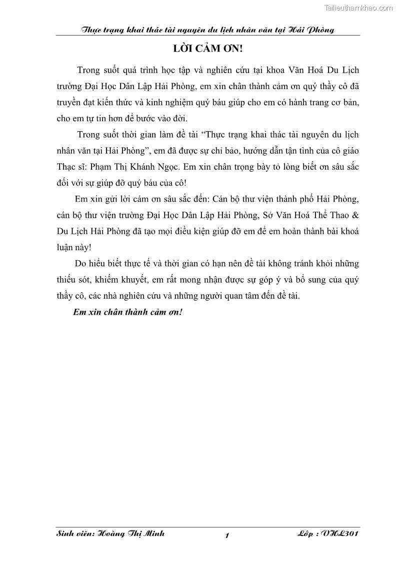 Khóa luận tốt nghiệp văn hóa du lịch Thực trạng khai thác tài nguyên du lịch nhân văn tại Hải Phòng - 1 Trang 1