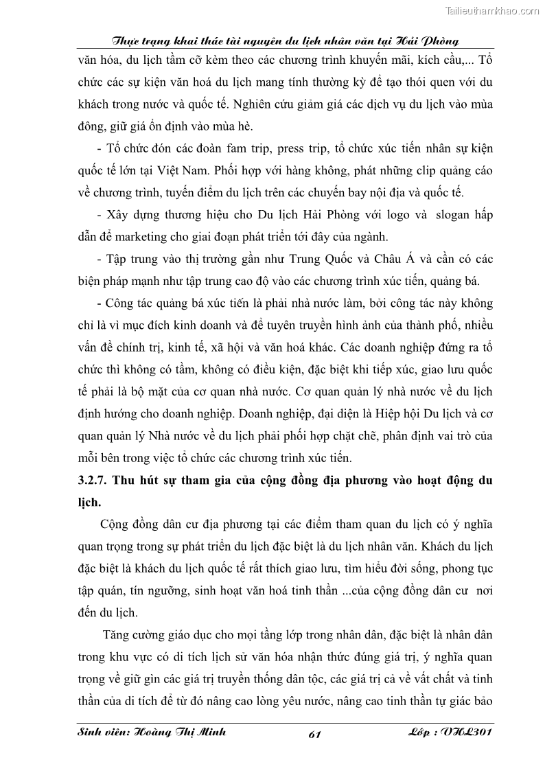 Khóa luận tốt nghiệp văn hóa du lịch Thực trạng khai thác tài nguyên du lịch nhân văn tại Hải Phòng - 11 Trang 61