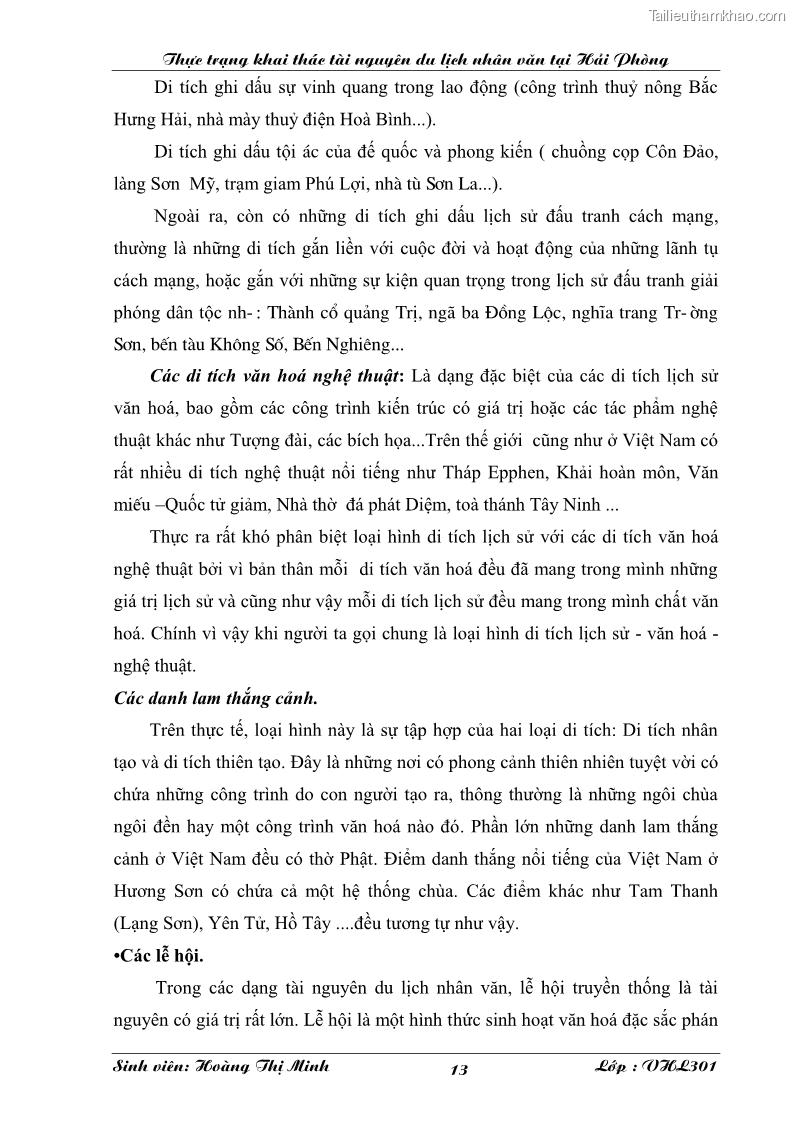 Khóa luận tốt nghiệp văn hóa du lịch Thực trạng khai thác tài nguyên du lịch nhân văn tại Hải Phòng - 3 Trang 13