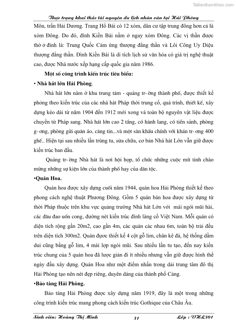 Khóa luận tốt nghiệp văn hóa du lịch Thực trạng khai thác tài nguyên du lịch nhân văn tại Hải Phòng - 6 Trang 31