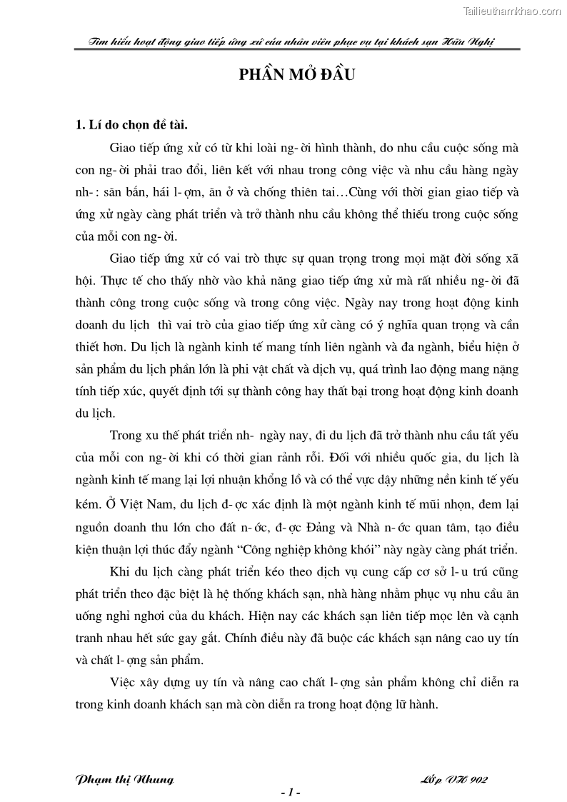 Khóa luận tốt nghiệp văn hóa du lịch Tìm hiểu hoạt động giao tiếp ứng xử của nhân viên phục vụ tại khách sạn Hữu Nghị - 1 Trang 1